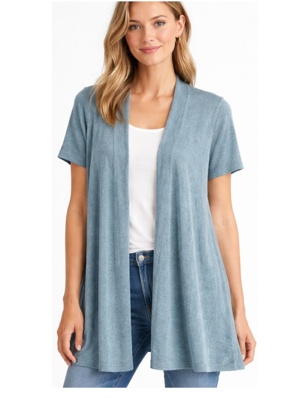 Eileen Fisher Open Front Summer Cardigan in Light Blue 58% Organic Line.